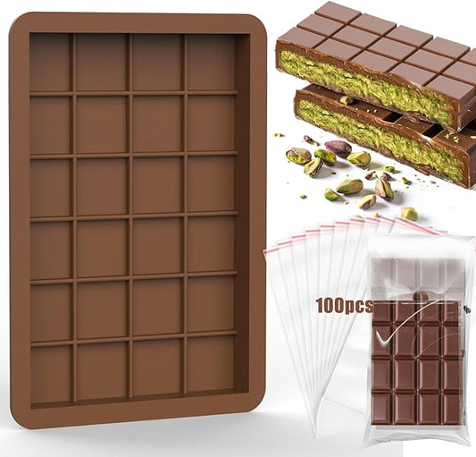 Juome Large Chocolate Bar Mold Deep - 1 Inch Deep Silicone Thick Chocolate Bar Molds for Stuffed Bar, Big Chocolate Bar Mold for Filling Knafeh Pistachio Chocolate Candy Bar with 100Pcs Storage Bags