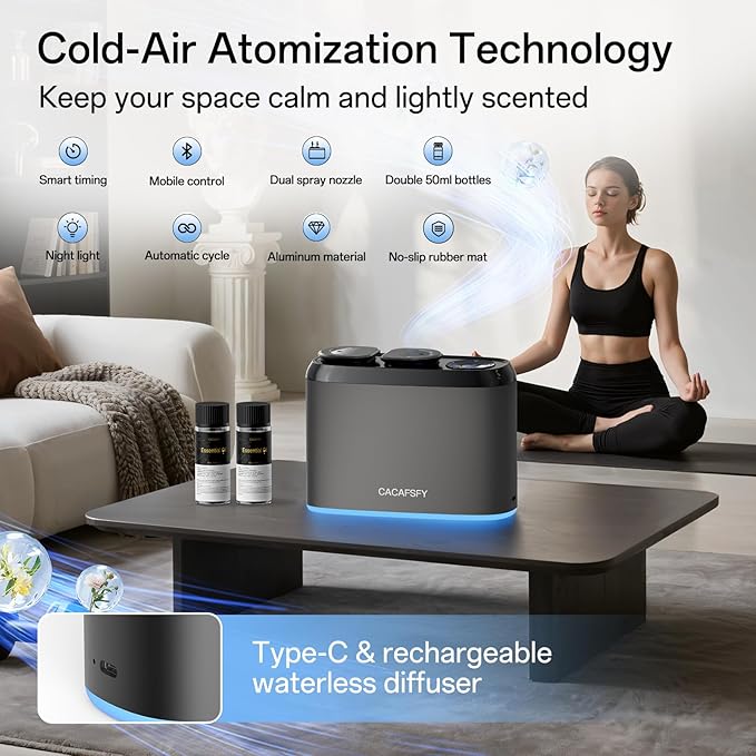 Waterless Scent Diffuser,Two 50ml Hotel Scent Oils Included-Whole House Air Freshener-Scent Diffusers for Home,Office,Essential Oil Diffuser Large Room,Smart, Cold-Air Tech,App Control