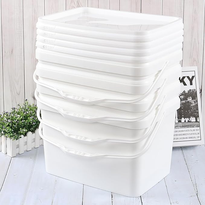 Ramddy 5 Gallon Rectangular Plastic Food Bucket with Sealed Lid, Food Grade, 4 Pack Pail Container with Handle, White