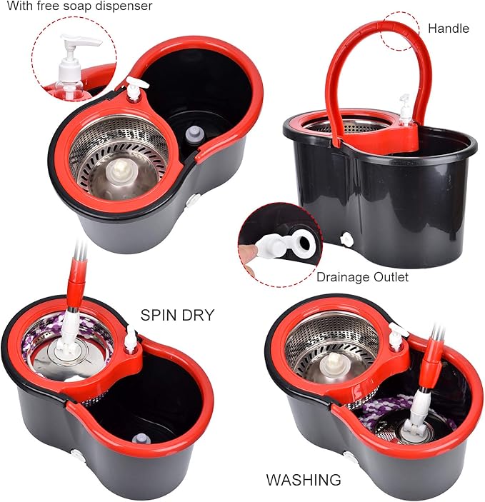 Mop and Bucket Set, 360° Spin Mop and Bucket with Wringer Set and 3 Microfiber Mop Refills, Stainless Steel 61" Extended Handle Spinning Mop Bucket System for Floor Cleaning