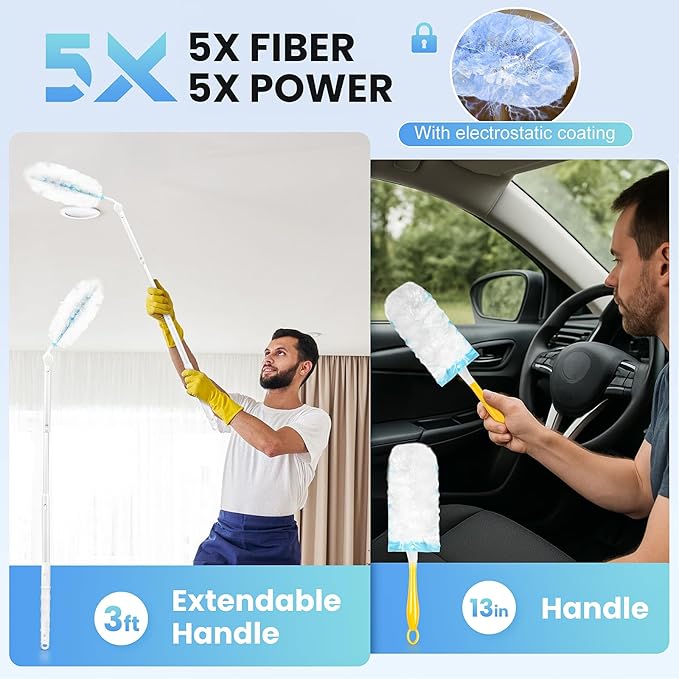 Duster Kit for Swiffer Duster Refill: 50 Heavy Duty Refills + 2 Handles | 3X Grip & Static Tech | Car, Furniture & Electronics Dry Cleaning
