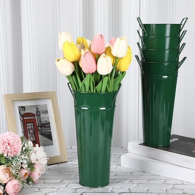 Lallisa 24 Pcs Metal Vases 9 Inch Galvanized French Farmhouse Flower Buckets with Handles and Hemp Rope, Vintage Style Flower Containers for Country Wedding Party Table Centerpiece Decor(Dark Green)