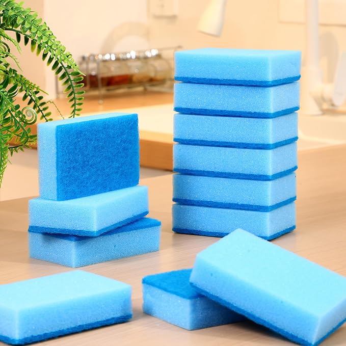 Tioncy 100 Pcs Individually Wrapped Sponges Kitchen Bulk Blue Dish Non Scratch Scrub Sponges Dual Sided Cleaning Dish Scrubber for Washing Dishes, Pots, Pans, Sinks, Stoves, Appliances, Car, Bike