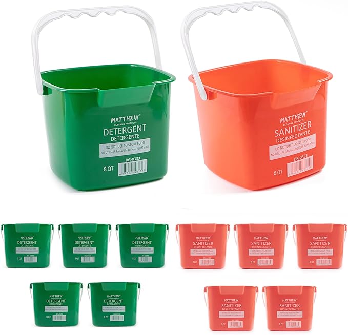 Matthew Detergent&Sanitizing Cleaning Bucket 8 Quart Plastic Pail,Set of 12 Square Containers,Built-In Spout w/Handle,Wash Rinse Sanitize Handwash Bucket for Home Commercial Restaurant (6 Red&6 Green)