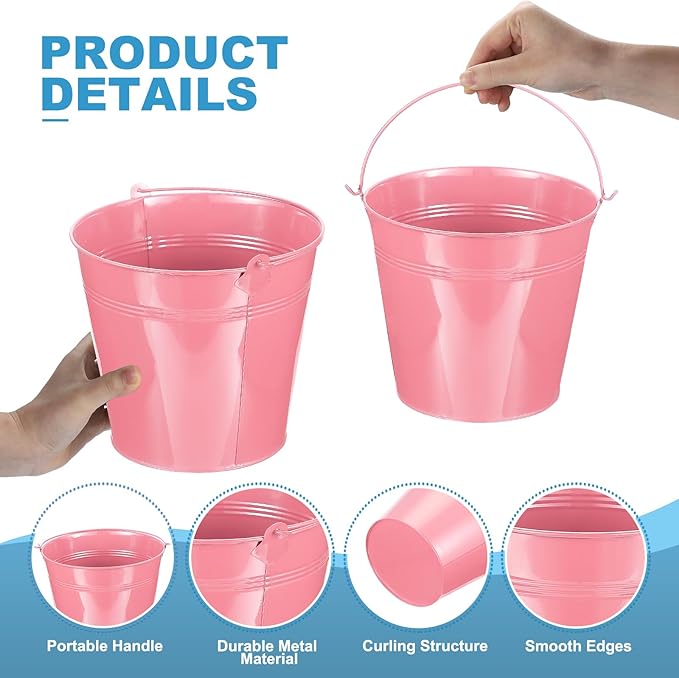PATIKIL 7"x7" Small Metal Buckets with Handle, 6 Pcs Mini Galvanized Bucket Colorful Easter Buckets for Crafts Party Favors Decoration, Pink