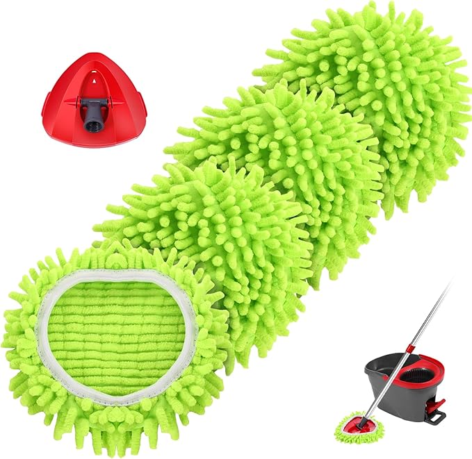 Chenille Mop Heads Replacements 4 Pcs & 1 Base Set for Ocedar Easywring 1-Tank System,Reusable Microfiber Spin Mop Replacement Head for Floor Cleaning and Tile