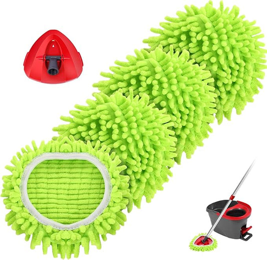 Chenille Mop Heads Replacements 4 Pcs & 1 Base Set for Ocedar Easywring 1-Tank System,Reusable Microfiber Spin Mop Replacement Head for Floor Cleaning and Tile