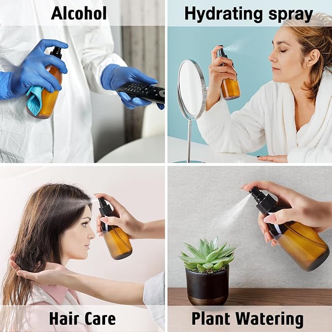 Tecohouse Amber Glass Spray Bottles 8.8 oz, 2 Pack Empty Spray Bottle for Essential Oils, Small Glass Bottles for Cleaning Solutions, Plants, Hair with Durable Nozzle, Labels, Funnel