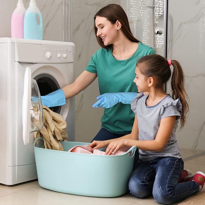 Bamllum Rubber Cleaning Gloves - 3 Pairs Latex Free Kitchen Cleaning Gloves with Cotton Liner- Household Dishwashing Gloves, Non- Slip Waterproof (Small, Blue+Pink+White)