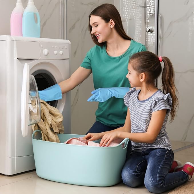 Bamllum Rubber Cleaning Gloves - 2 Pairs Latex Free Kitchen Cleaning Gloves with Cotton Liner- Household Dishwashing Gloves, Non- Slip Waterproof (Medium, Blue+Pink)