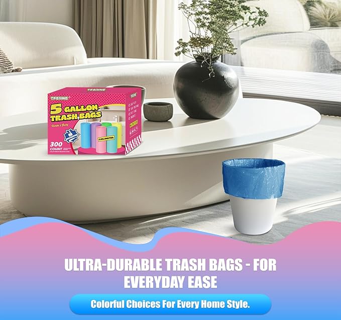 300 Count 5 Gallon Trash Bags - 18 Liter Colored Small Garbage Bags Unscented Wastebasket Liners 0.94 Mil Thick & Leakproof for Home Office Bedroom Bathroom
