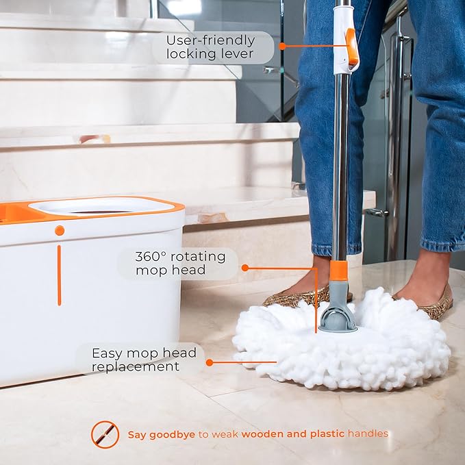 Spin Mop and Bucket Wringer 360 Microfiber Mop with Stainless Steel Handle Self Wringing Cleaning System Bucket with Drain for Tile Hardwood Laminate Floors Includes 2 Mop Head Refills Absorbent