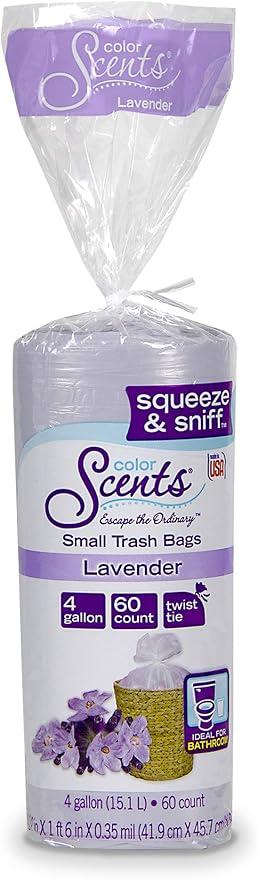Color Scents Small Trash Bags - 4 Gallon, 480 Total Bags (8 Packs of 60 Count), Twist Tie - Lavender Bag in Lavender Scent