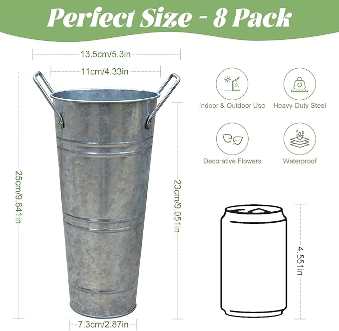 9 Inch Galvanized Metal Vases Farmhouse French Flower Bucket Vases for Cut Flowers, 8 Pcs Farmhouse Decorative Tall Flower Bucket with Handles for Table Weddings Home Decor (Silver, 8 Pcs 9inch)