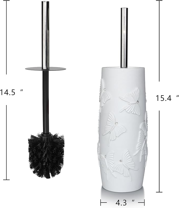 White Butterfly with Rhinestone Design Resin Toilet Holder and Brush Set, Elegant Bathroom Cleaning Tool with Durable Bristles, Compact and Stylish