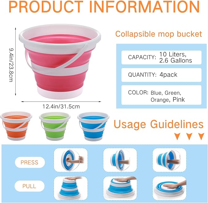Pickmesh 4 Pcs Autumn Camping Collapsible Bucket, Small Cleaning Bucket with Handle 2.6 Gallon (10l) for Household Outdoor Car Washing Portable Camping Beach Sand Tub(Blue, Green, Orange, Pink)