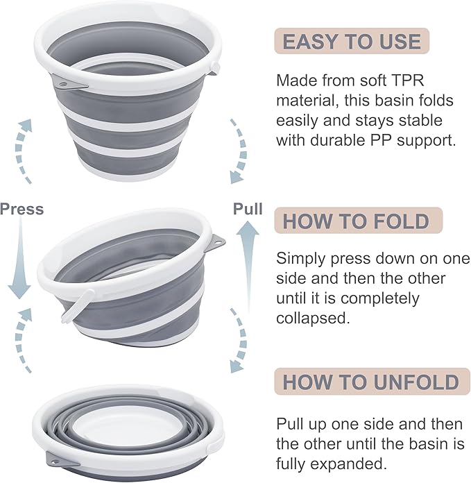 Goderewlid Collapsible Bucket 2.6 Gal/10L, Space-Saving, Portable Foldable Water Pail for Versatile Use, Home, Outdoors, Car Wash, Camping, Fishing - Grey, Single Pack
