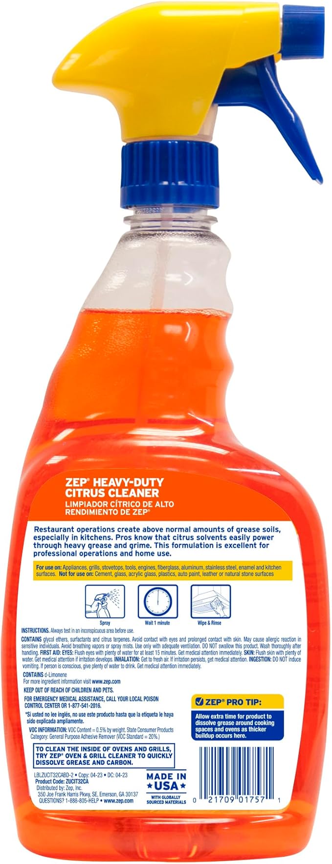 Zep Heavy-Duty Citrus Cleaner - 32 Ounces (Case of 12) ZUCIT32 - Removes Oil, Grease, Adhesive and Kitchen Soil…