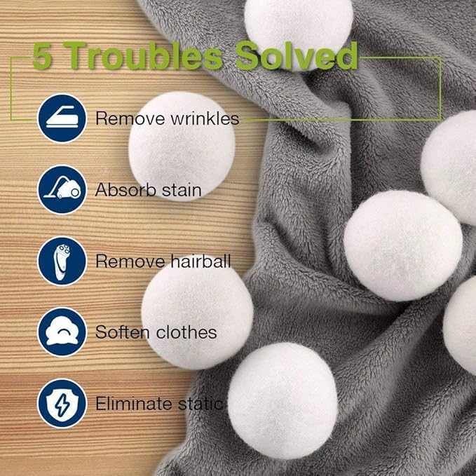 Wool Dryer Balls, Made from Premium Reusable New Zealand Wool, Fabric Softener, Reduce Wrinkles & Static Electricity, Shorten Drying Time Naturally, XL Size, Natural White, 6-Pack