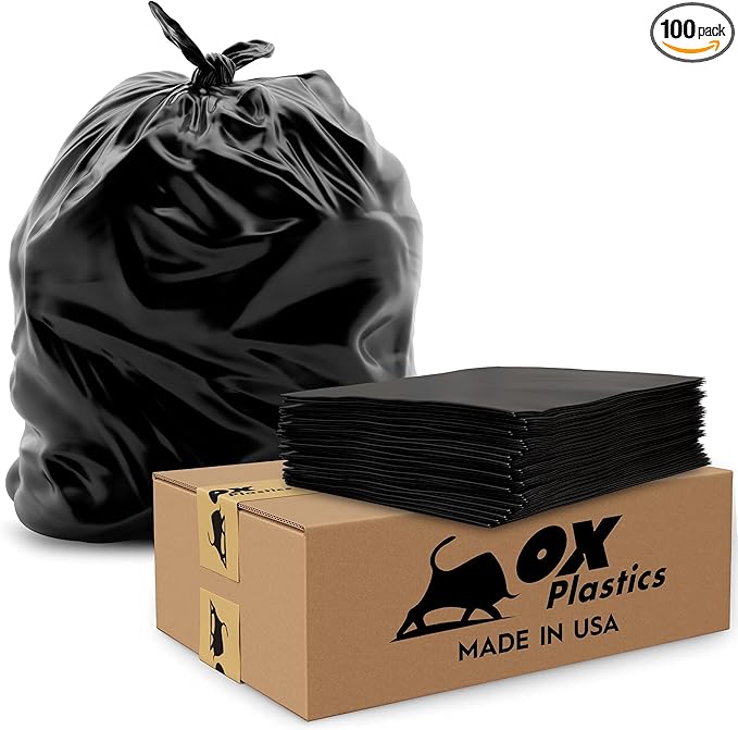 Ox Plastics 60 Gallon Trash Can Liners Garbage Bags - 100 Count & 2mil Thick Extra Heavy Duty Trash Bag Strength -Large Garbage, Leak-Proof & Durable