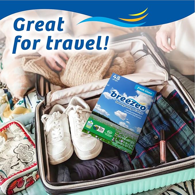 Breezeo Laundry Detergent Strips (48 strips) - Fresh Linen Scent - More Convenient than Pods, Pacs, Liquids or Powders – Great for Home, Dorm, Travel, Camping & Hand-Washing