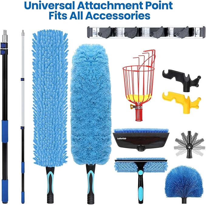 36ft High Ceiling Duster Kits with 5-30ft Heavy Duty Extension Pole - Fan Blade Cleaner, Cobweb Remover & Blue Window Squeegee Kit, Washable Dust Brush for High Roof and Glass Surfaces