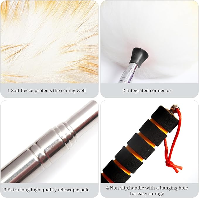 Lambs Wool Extendable Household Cleaning Duster 64" Wall Duster Cleaner with Stainless Steel Long Handle and Extension Pole for Cleaning High Ceiling Fan Interior Roof, Yellow&White