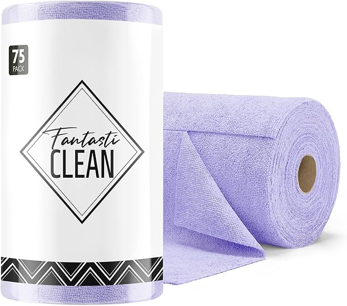 Fantasticlean Microfiber Cleaning Cloth Roll -75 Pack, Tear Away Microfiber Towels, 12" x 12", Reusable, Washable, Scratch Free, Ultra Absorbent Dishcloth for Home Supplies, Car, Pet (Lavender)