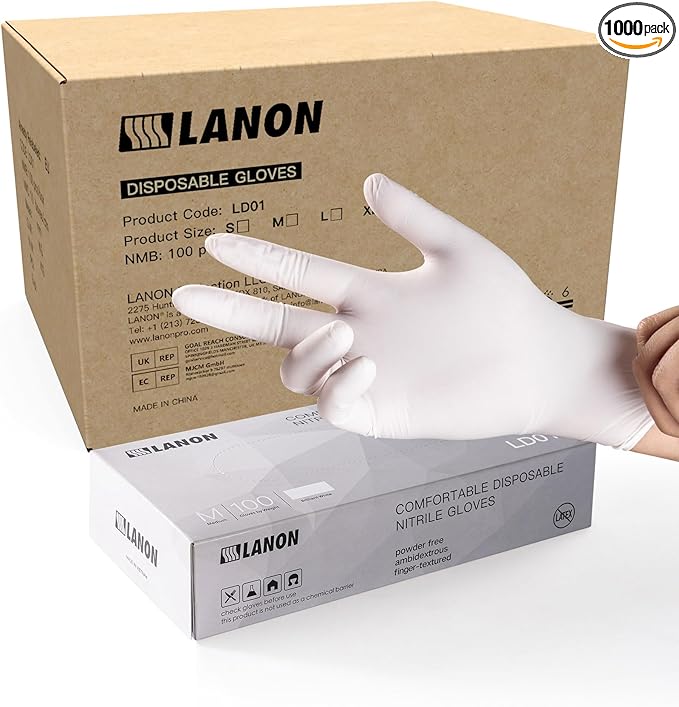 LANON Food Safe White Disposable Nitrile Gloves, Latex-Free, Powder-Free, Textured Fingertips, Cooking, Cleaning, Case, XL