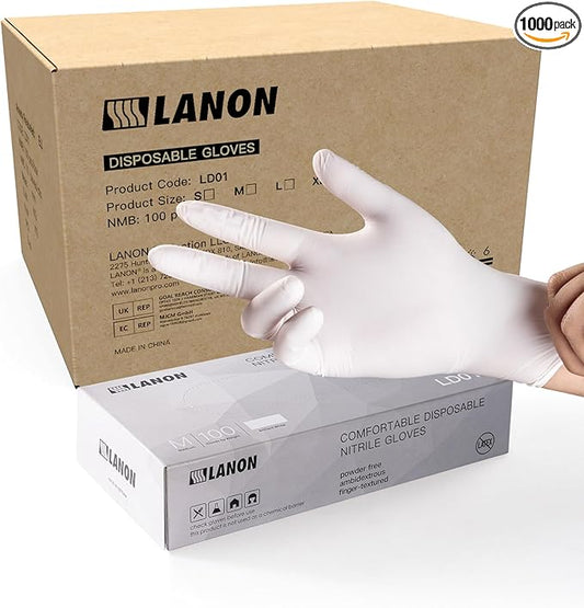 LANON Food Safe White Disposable Nitrile Gloves, Latex-Free, Powder-Free, Textured Fingertips, Cooking, Cleaning, Case, Large