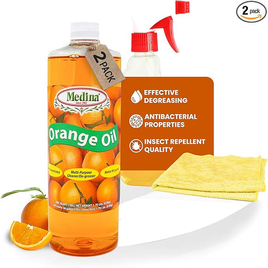 Medina Orange Oil Cleaner & Degreaser Concentrate - 32oz, 2-Pack - Orange Oil Concentrate - All Purpose Cleaner, Garden Pest Defense, Automotive Use - Orange Oil for Wood Treating & Cleaning