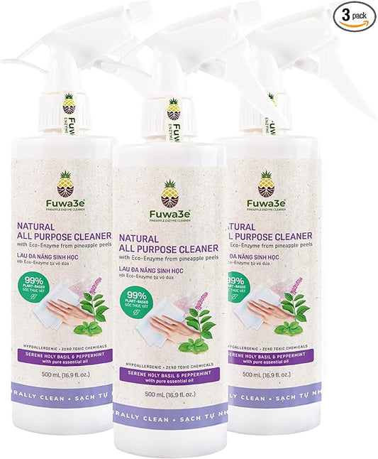 Fuwa3e Pineapple Enzyme Natural All Purpose Cleaner Spray Serene Holy Basil & Peppermint - 16.9oz 3 Pack - Multi Surface Cleaner 99% Plant Based Cleaner from Discarded Pineapple Peels