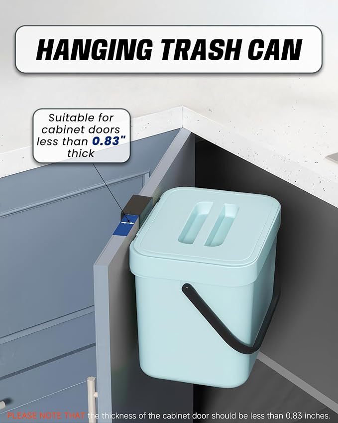 Kitchen Compost Bin - 1.8 Gallons Hanging Trash Can with Lid for Kitchen Cabinet Door, Under Sink, Wall Mounted Waste Bin for Bathroom, 7L(Subtle Blue)