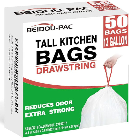 Trash Bags 13 Gallon Drawstring, 50 Count Garbage Bags, Tall Kitchen Trash Bags, Odorless & Extra Strength White Plastic Food Scrap Bag for Home Office Bathroom Kitchen Bins