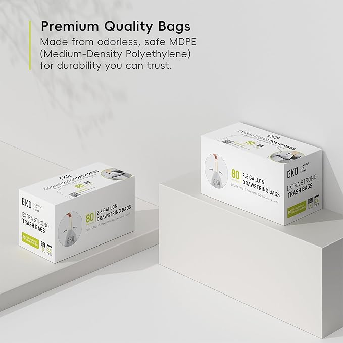 EKO 2.6 Gallon / 7-10 Liter, 80 Count Small Drawstring Trash Bags, Extra-Strong Unscented Garbage Bags, Easy-Dispense Roll for Kitchen & Household Use, Resists Tears, Leaks and Punctures, Code B White