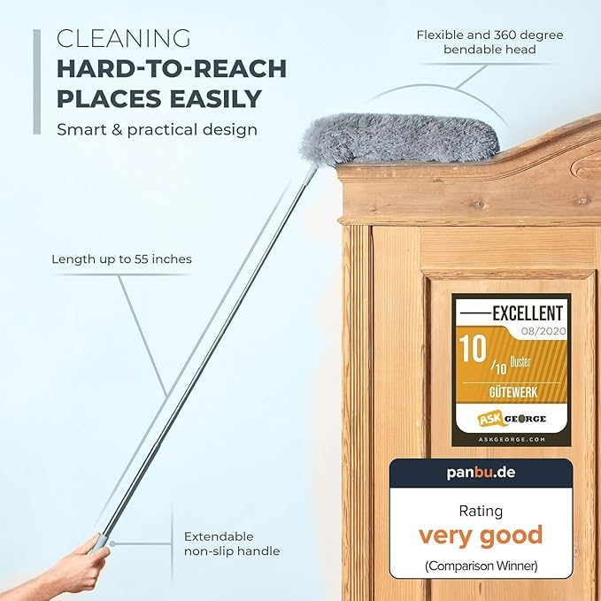 Extendable Feather Duster, Microfiber Duster, Ceiling Fan Duster, Feather Dusters for Cleaning, Dust Cleaner, Cobweb Duster - Electrostatic Bendable Head - up to 55 Inch