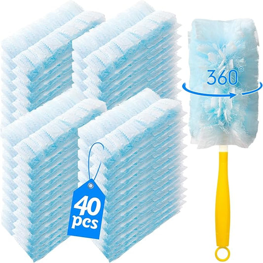 40 Count 360° Heavy Duty Duster Refills Compatible with Swiffer, Large Size-Extra Thick Disposable Electrostatic Duster Refill with 1 Short Handle for Furniture, Blinds, Ceiling Fans(Blue)
