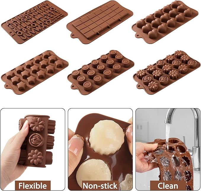 Silicone Molds for Chocolate – 6 Pack Different Shape Molds, Food Grade Non-Stick Making Moulds for Chocolate, Pistachio, Snacks, Protein Bars, Homemade Sweets