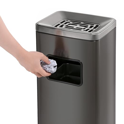 BEAMNOVA Trash Can Indoor Outdoor Stainless Steel Commercial Garbage Can Brushed Industrial Garbage Enclosure Inside Cabinet with Lid Waste Container, Metallic Black, 11.8 * 9.8 * 26.8 in