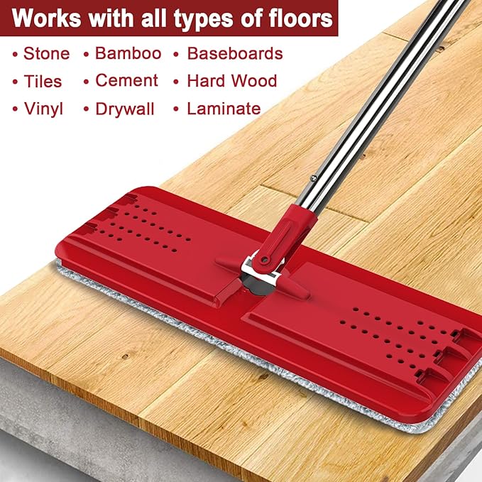 Hands-Free Mop and Bucket Set with 3 Washable Pads, Wet/Dry Floor Cleaning System, Red/Black