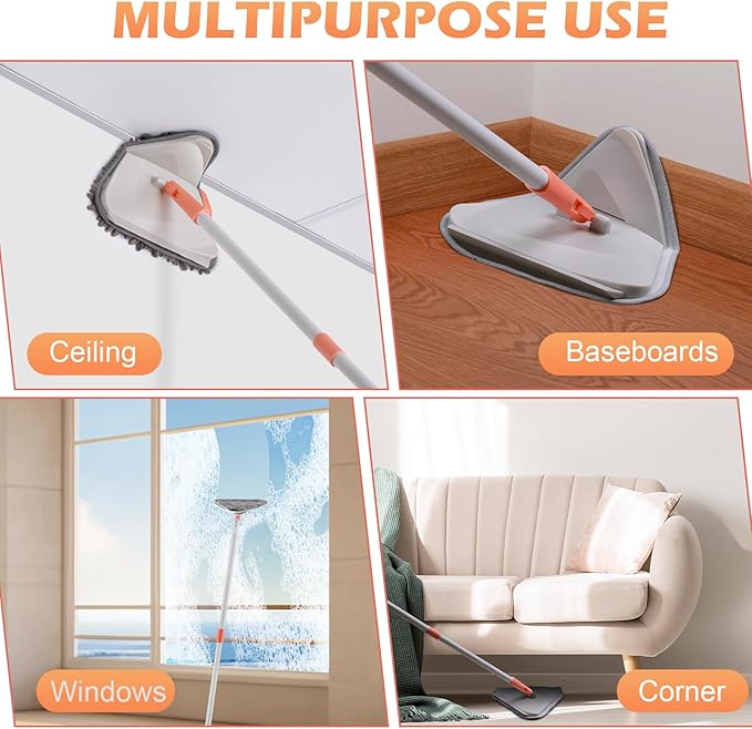 Wall Cleaner Triangle Mop with 82'' Long Handle - Wall Scrubber, Cleaning Washer Tool with 4 Microfiber Chenille Duster Pads for Clean Walls, Ceiling, Windows, Baseboards, Floors (Gray)