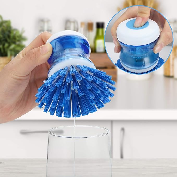 Dish Brush with Soap Dispenser for Dishes Pot Pan Kitchen Sink Scrubbing, Blue 2 Pack