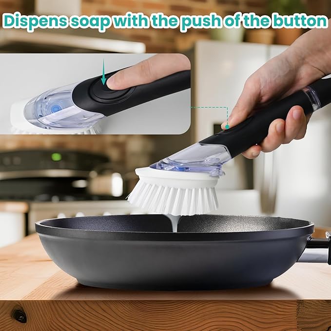 2 Pack Soap Dispensing Dish Brush, Dish Scrub Brush with Soap Dispenser, Dish Soap Brush for Dishes, Pans, Sink, Pots
