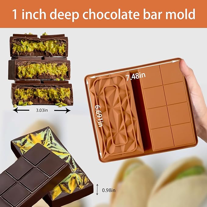 2 Pcs Dubai Chocolate Molds Silicone, 1 Inch Deep Chocolate Mold for Pistachio Chocolate Bar, Candy Bar Snack Baking Mold - 2 Different Shapes