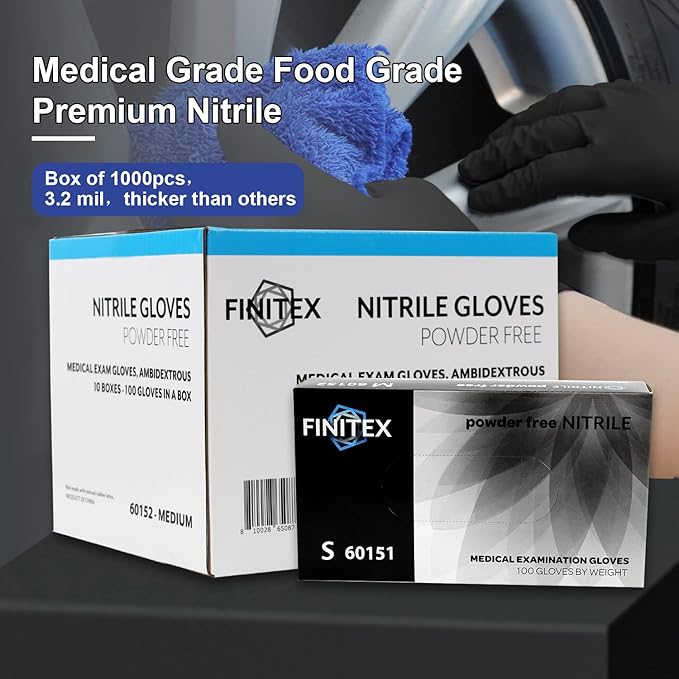 FINITEX - Black Nitrile Disposable Gloves, Exam Gloves, Powder-free, Latex-free, 3mil, Case of 10 Boxes