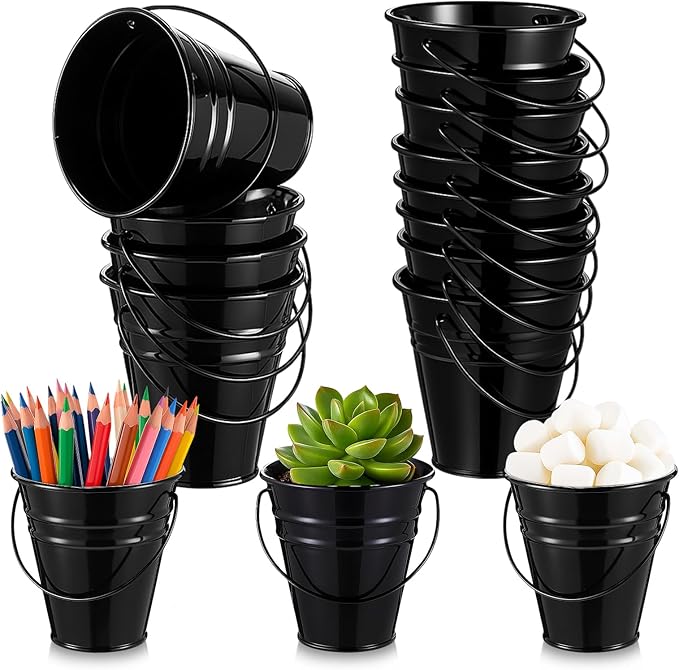 Sadnyy 12 Pcs 3.5in Small Metal Buckets with Handle, Mini Metal Pail Tin Galvanized Pail Container for Trick or Treat Flower Plant Craft Halloween Party Favors Garden Home Decoration (Black)