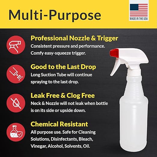 Pinnacle Mercantile Plastic Spray Bottles Leak Proof Technology Empty 16 oz Value Pack of 2 Made in USA