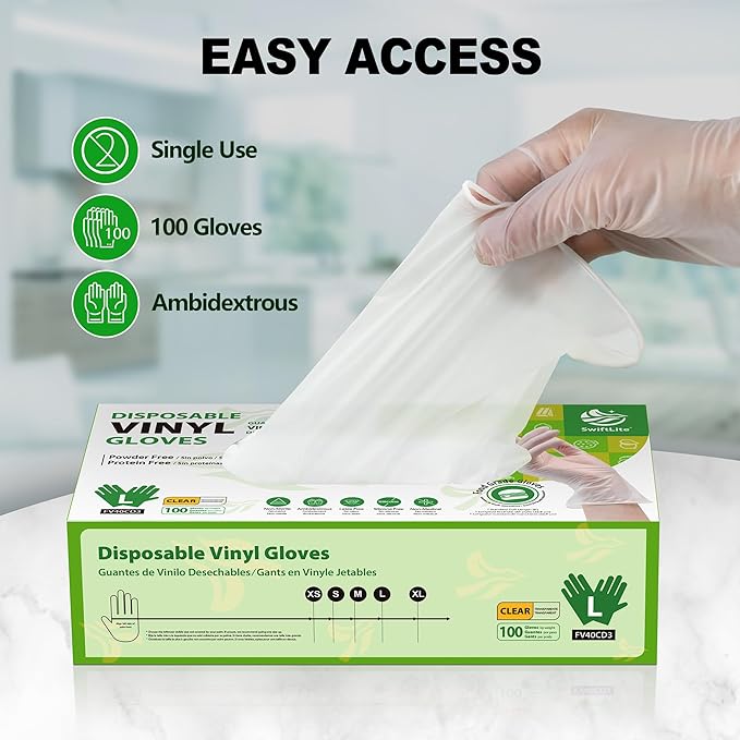 Disposable Vinyl Gloves, Food Safe, Latex-Free Powder-Free Clear Plastic Gloves for Cooking, House Clean, Food Prep