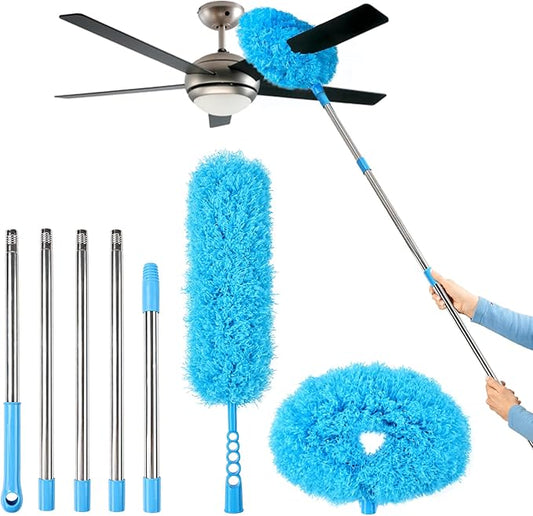 Ceiling Fan Cleaner Duster Reusable Microfiber Removable Duster with Extension Pole Adjusts 12 to 71 Inch for Cleaning Walls Bookshelves Furniture Door Window Top (Blue)