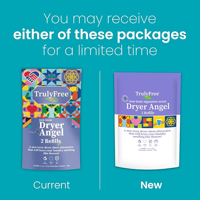 Truly Free Dryer Angel - Natural Dryer Sheet Alternative, Non-Toxic Reusable Fabric Softener Sheets and Scent Booster, Safe for Babies and Sensitive Skin, Laundry Room Essentials - 2 Packs + 2 Refills